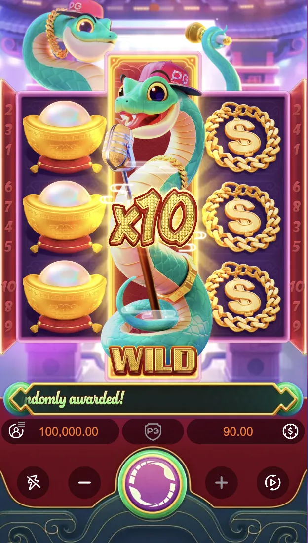 Tela de Fortune Snake com símbolo Wild da serpente e multiplicador x10